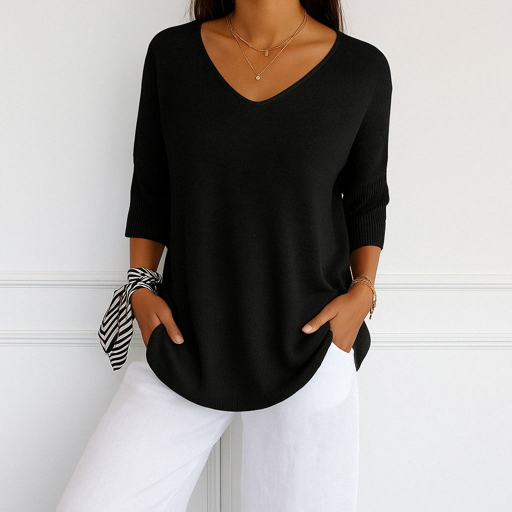 Clara | Women V Neck Short Sleeve Sweater – Black | The Bellemont Sisters Australia
