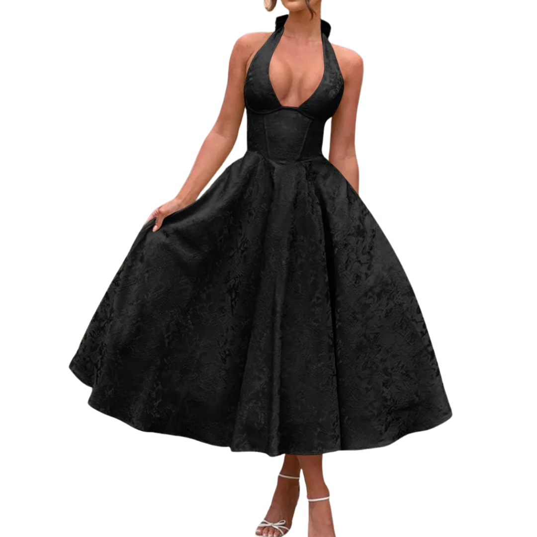 VIOLAINE™ – Embroidered Halter V-Neck Evening Dress – Black | The Bellemont Sisters Australia