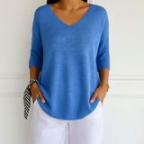 Clara | Women V Neck Short Sleeve Sweater – Blue | The Bellemont Sisters Australia