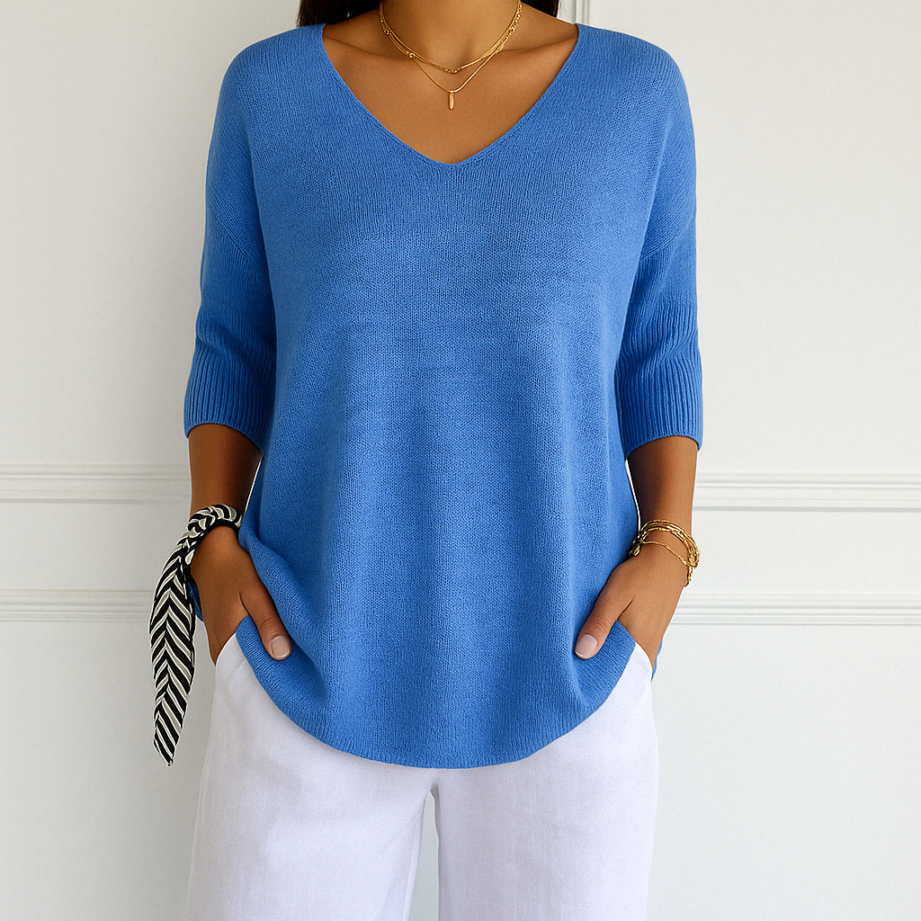 Clara | Women V Neck Short Sleeve Sweater – Blue | The Bellemont Sisters Australia