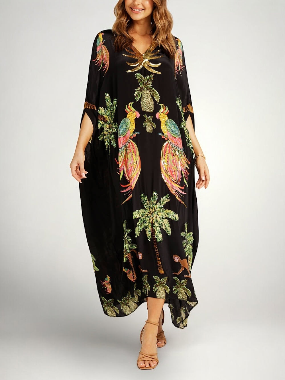 Sahara | Drop Shoulder Sleeve Coconut Tree Printed Dress – Black | The Bellemont Sisters Australia