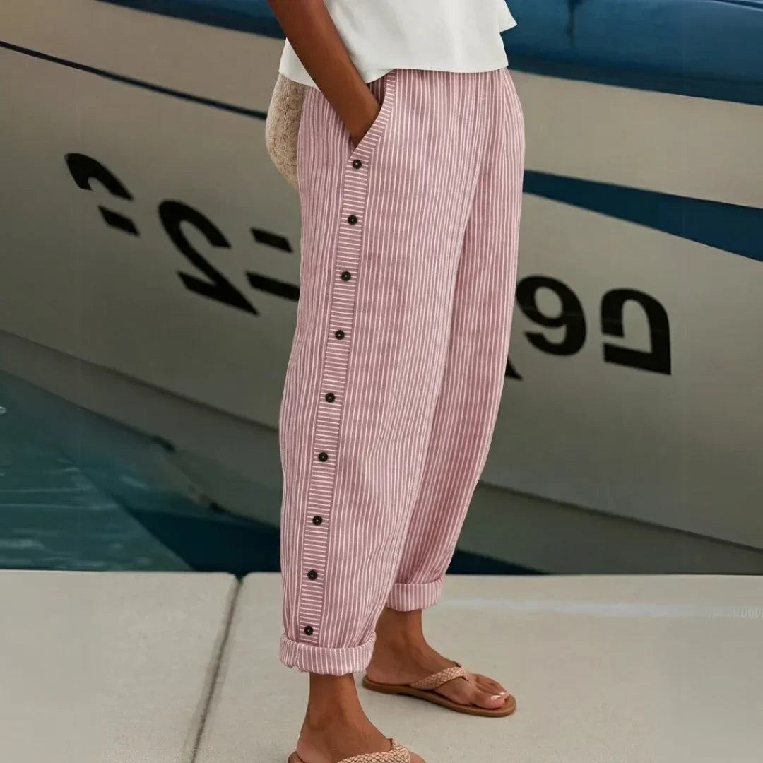 Caitlin | Stylish Striped Button Pants – Blush Pink | The Bellemont Sisters Australia