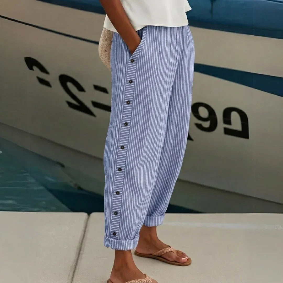 Caitlin | Stylish Striped Button Pants – Blue | The Bellemont Sisters Australia