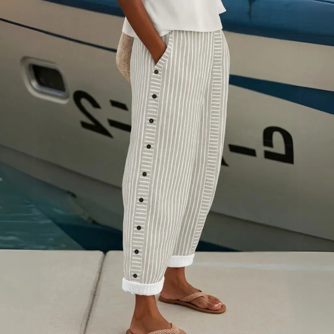 Caitlin | Stylish Striped Button Pants – Beige | The Bellemont Sisters Australia