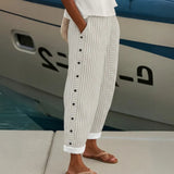 Caitlin | Stylish Striped Button Pants – Beige | The Bellemont Sisters Australia