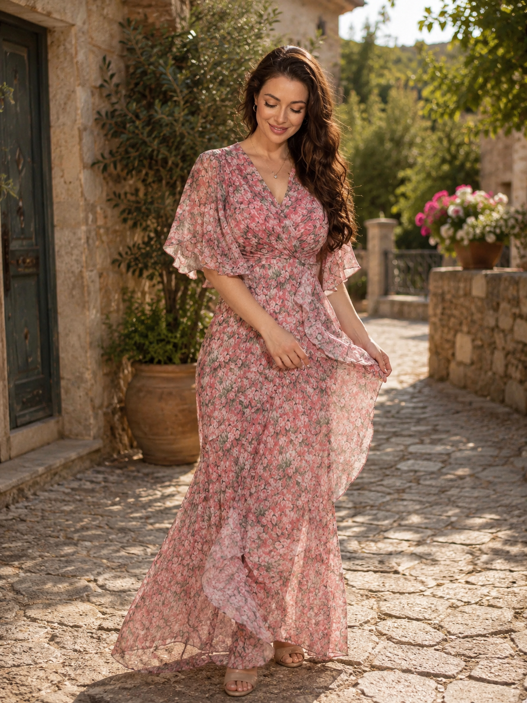 Camille | Floral Wrap Maxi Dress with Flutter Sleeves – Pink | The Bellemont Sisters Australia