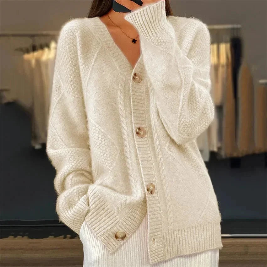 Aaliyah | Button Front V-Neck Cardigan with Diamond Knit Detail, Everyday Layer | The Bellemont Sisters Australia