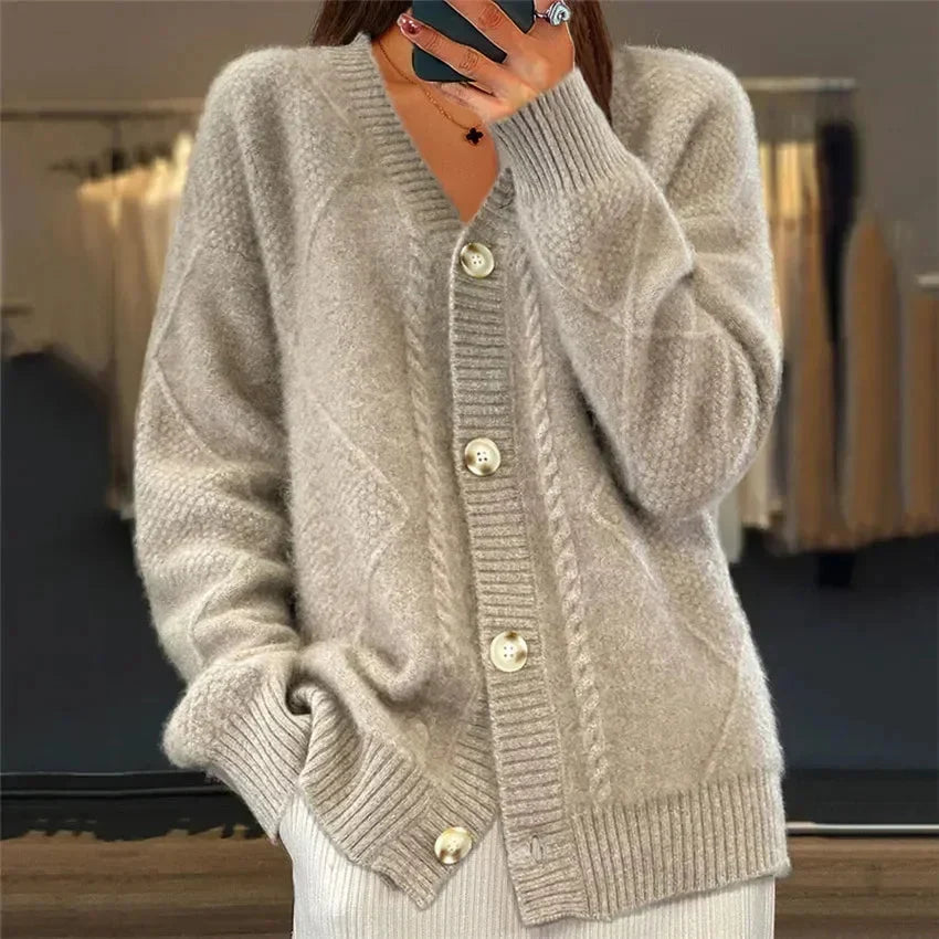 Aaliyah | Button Front V-Neck Cardigan with Diamond Knit Detail, Everyday Layer | The Bellemont Sisters Australia