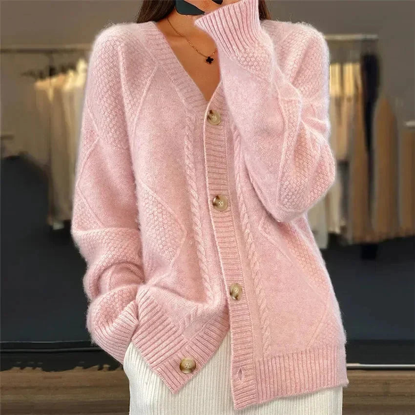 Aaliyah | Button Front V-Neck Cardigan with Diamond Knit Detail, Everyday Layer – Pink | The Bellemont Sisters Australia
