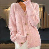 Aaliyah | Button Front V-Neck Cardigan with Diamond Knit Detail, Everyday Layer – Pink | The Bellemont Sisters Australia