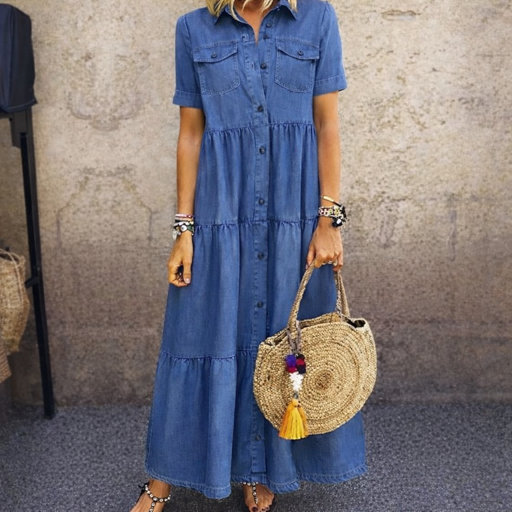 ELIZABETH | BUTTON-FRONT MIDI DRESS – Blue | The Bellemont Sisters Australia