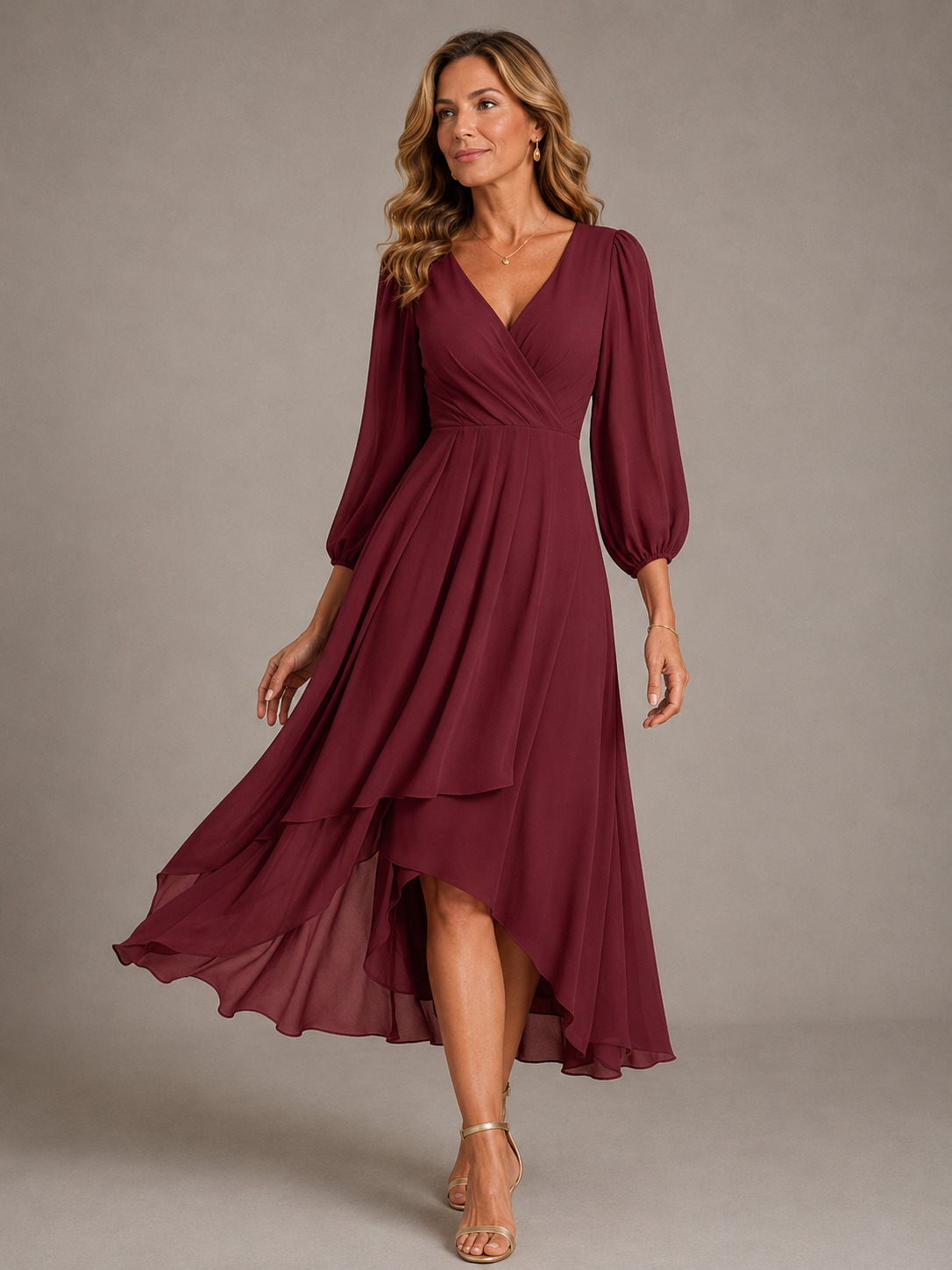 Mia™ | Elegant V-neck Long Dress – Red | The Bellemont Sisters Australia