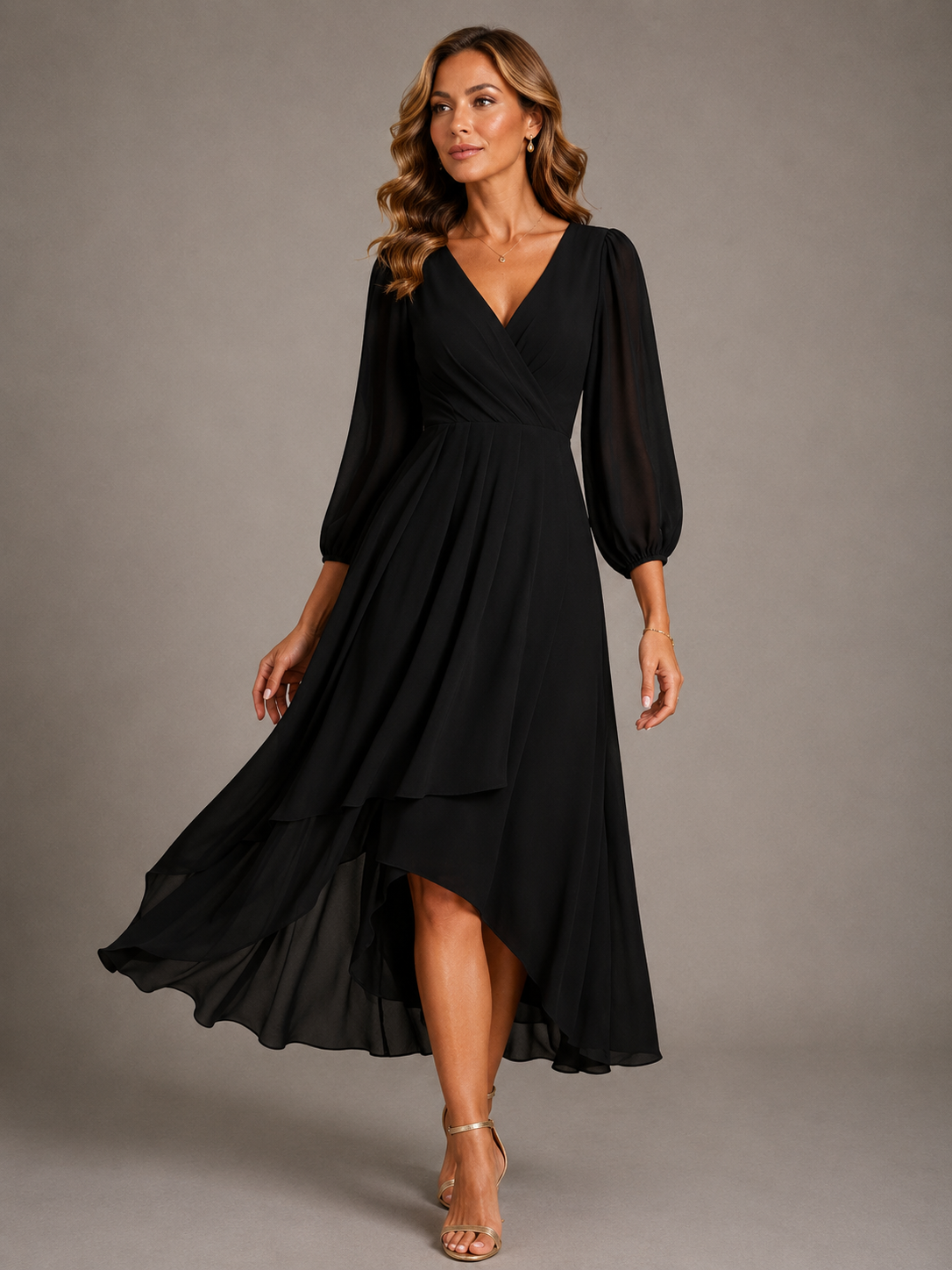 Mia™ | Elegant V-neck Long Dress – Black | The Bellemont Sisters Australia