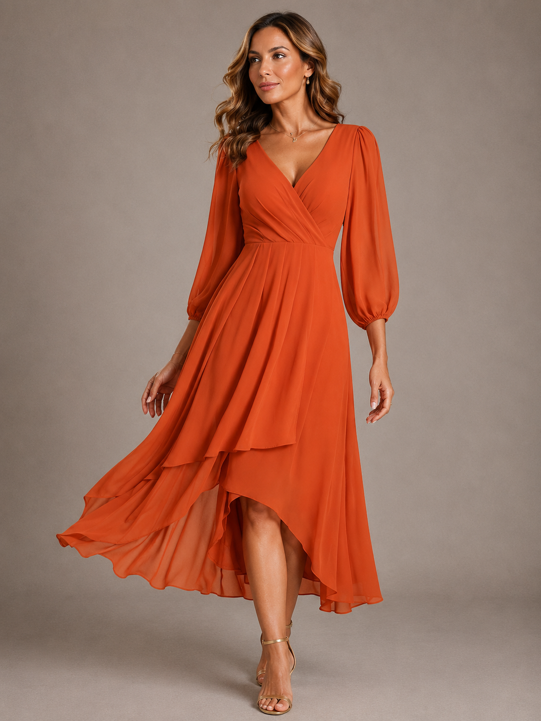 Mia™ | Elegant V-neck Long Dress – Orange | The Bellemont Sisters Australia