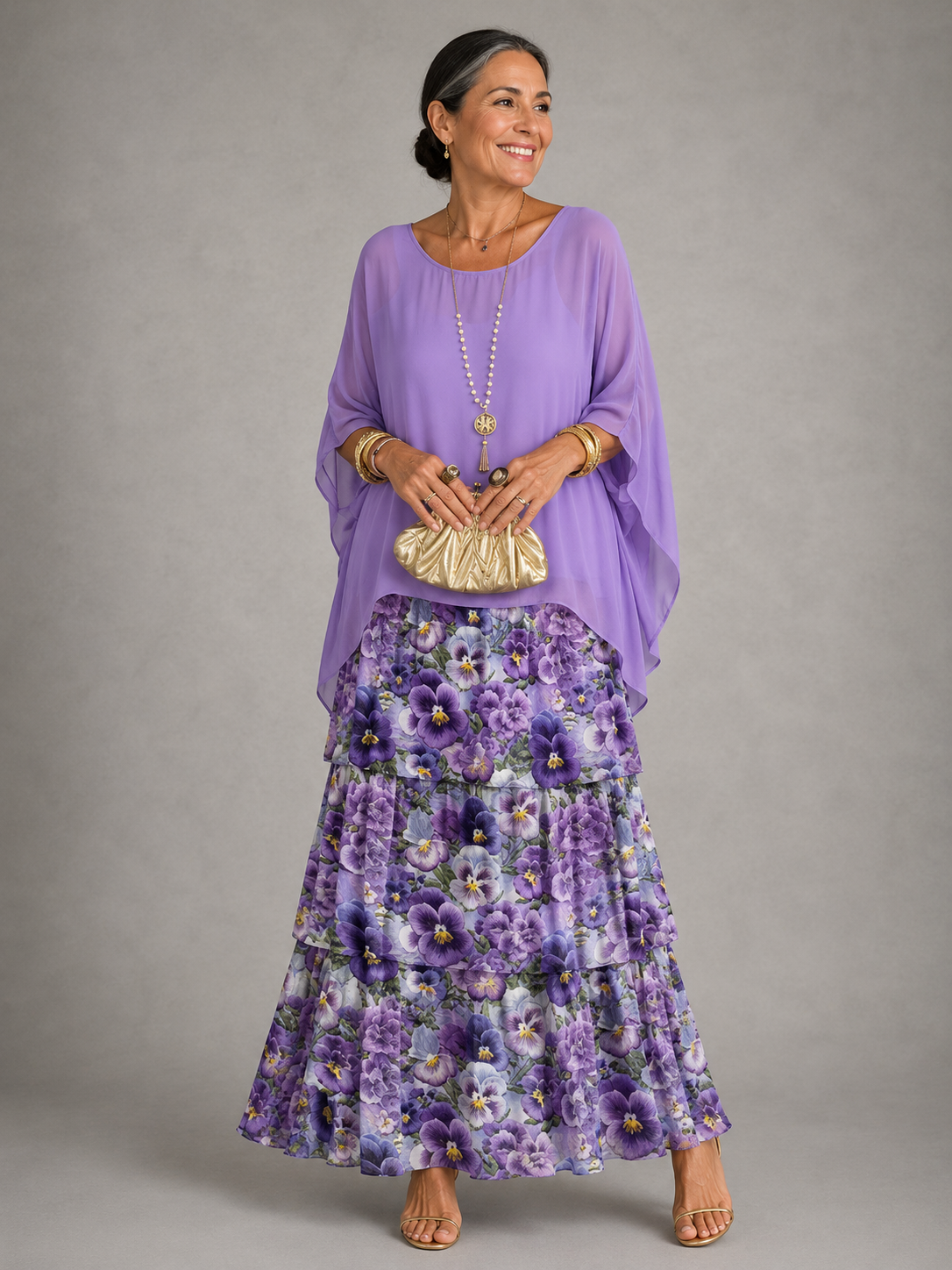 Lara™ | Elegant Flowing Maxi Dress – Purple with flowers | The Bellemont Sisters Australia