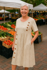 Brienne | Striped Midi Dress – Effortless Comfort, Everyday Confidence – Beige | The Bellemont Sisters Australia