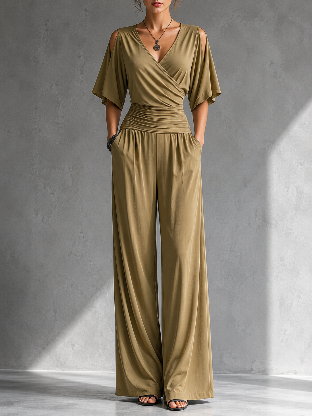 Gerika™ Elegant Jumpsuit – Khaki | The Bellemont Sisters Australia