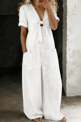 Maya | V Neck Short Sleeve Jumpsuit – White | The Bellemont Sisters Australia