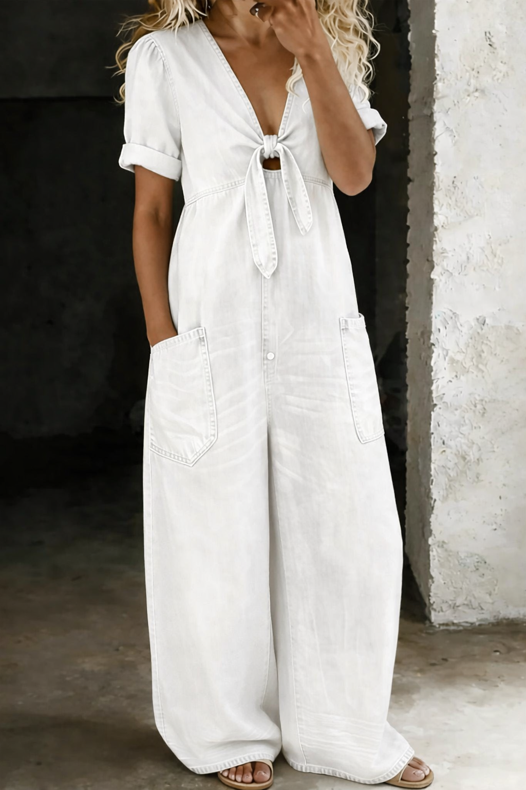Maya | V Neck Short Sleeve Jumpsuit – White | The Bellemont Sisters Australia
