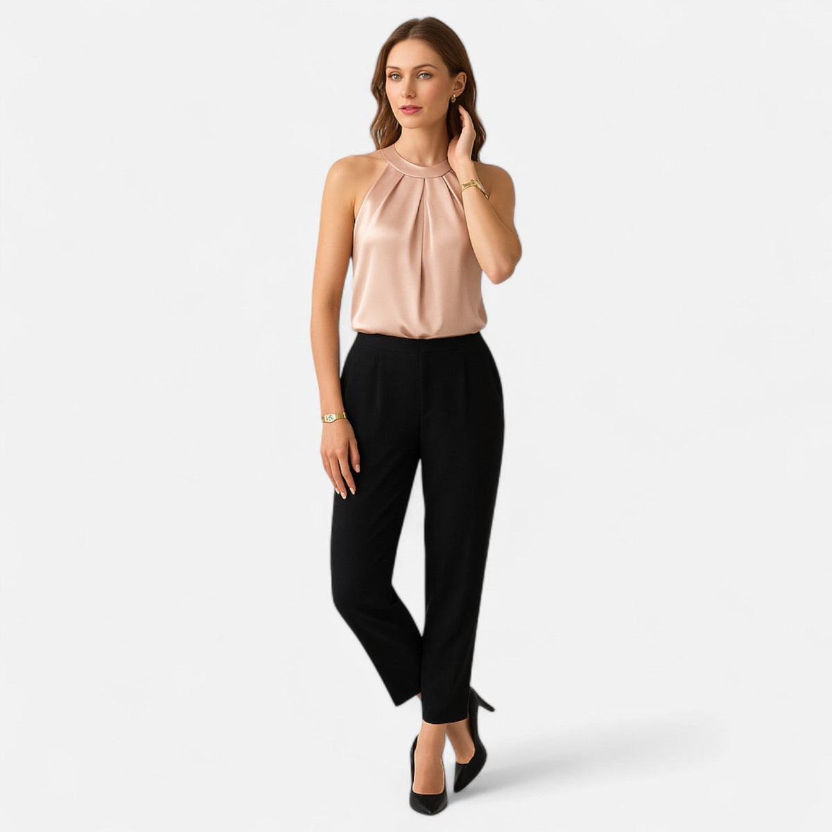 Kimberly | Women’s Elegant Pleated Front Draped Satin Tanks | The Bellemont Sisters Australia