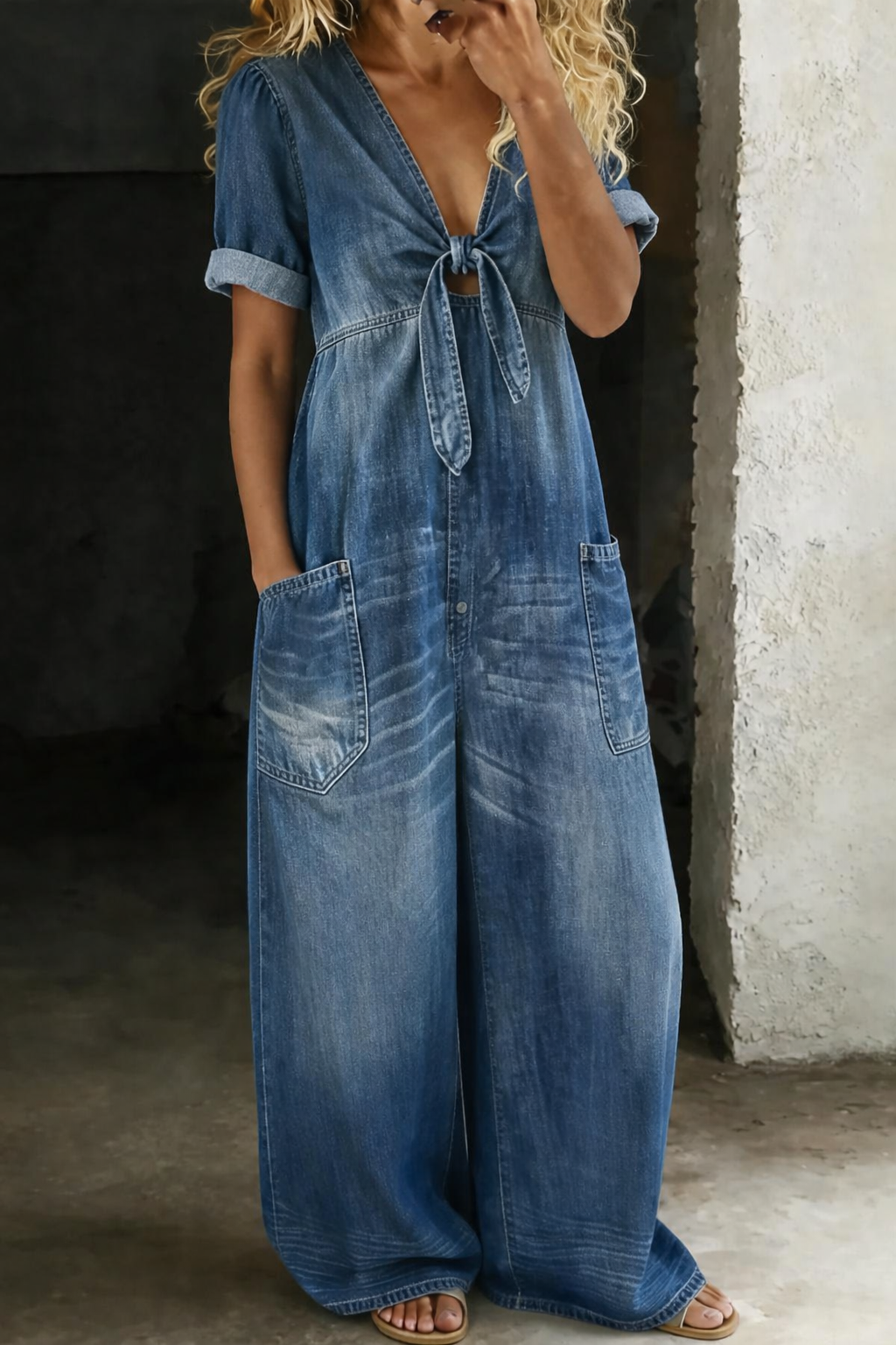 Maya | V Neck Short Sleeve Jumpsuit – Blue | The Bellemont Sisters Australia