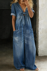 Maya | V Neck Short Sleeve Jumpsuit – Blue | The Bellemont Sisters Australia