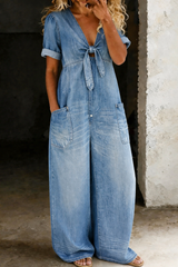 Maya | V Neck Short Sleeve Jumpsuit – Light Blue | The Bellemont Sisters Australia