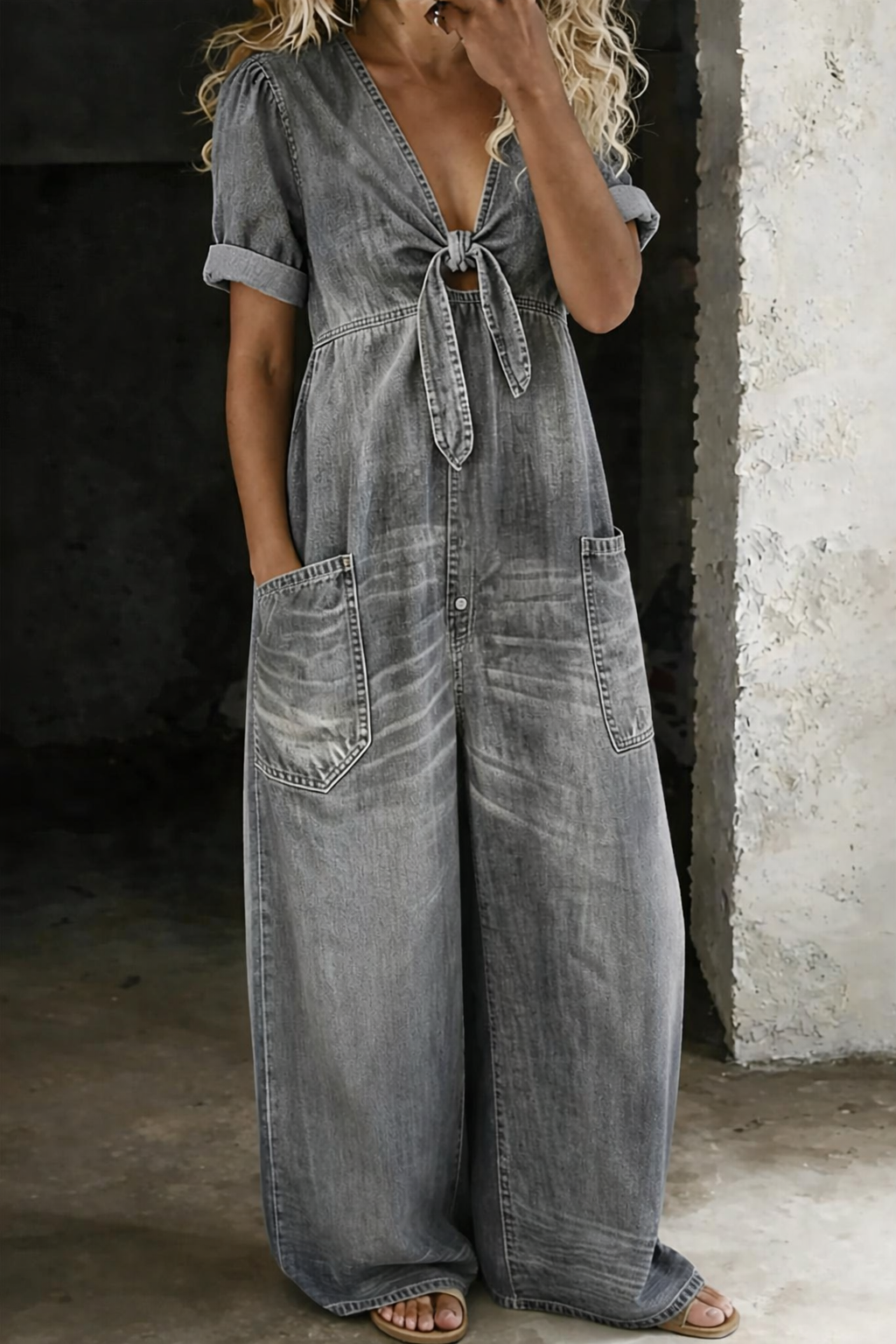 Maya | V Neck Short Sleeve Jumpsuit – Grey | The Bellemont Sisters Australia