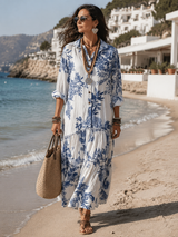 Dahlia™ | Bohemian Blue Floral Button-Down Tiered Maxi Dress | The Bellemont Sisters Australia