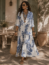 Dahlia™ | Bohemian Blue Floral Button-Down Tiered Maxi Dress | The Bellemont Sisters Australia