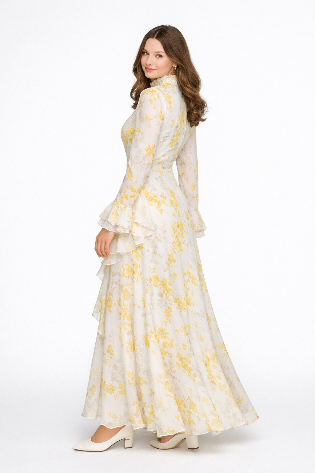 Beige Turtleneck Oil Painting Floral Print Irregular Chiffon Maxi Dress | The Bellemont Sisters Australia