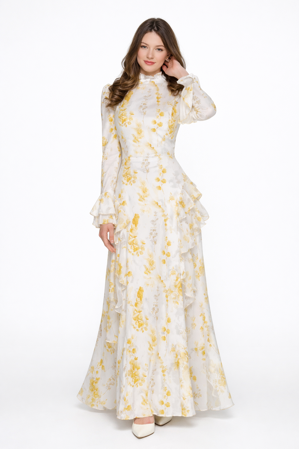Beige Turtleneck Oil Painting Floral Print Irregular Chiffon Maxi Dress – Beige | The Bellemont Sisters Australia