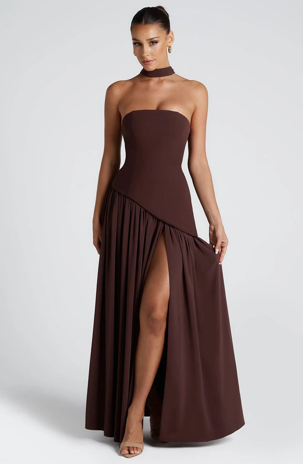 Valentina - Backless Split Dress – Brown | The Bellemont Sisters Australia