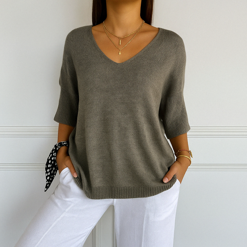 Clara | Women V Neck Short Sleeve Sweater – Dark Gray | The Bellemont Sisters Australia
