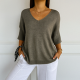 Clara | Women V Neck Short Sleeve Sweater – Dark Gray | The Bellemont Sisters Australia
