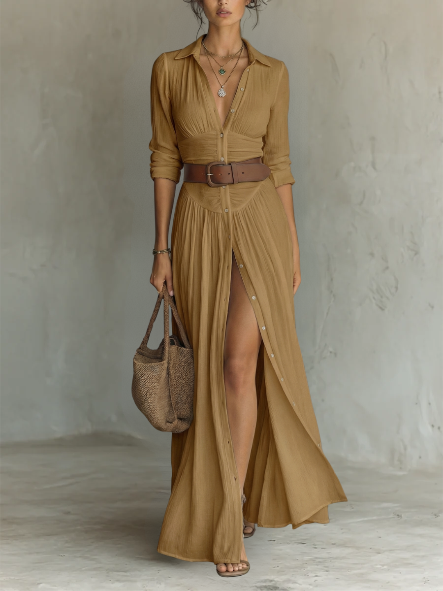 Pamela - Long Maxi Dress with Notched Collar and Long Sleeves for Women – Brown | The Bellemont Sisters Australia
