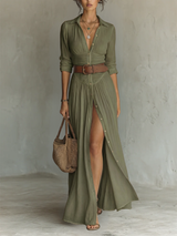 Pamela - Long Maxi Dress with Notched Collar and Long Sleeves for Women – Green (Almost sold out) | The Bellemont Sisters Aus