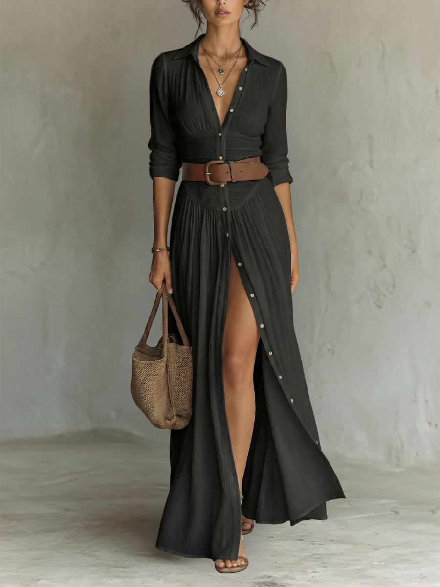 Pamela - Long Maxi Dress with Notched Collar and Long Sleeves for Women – Black | The Bellemont Sisters Australia