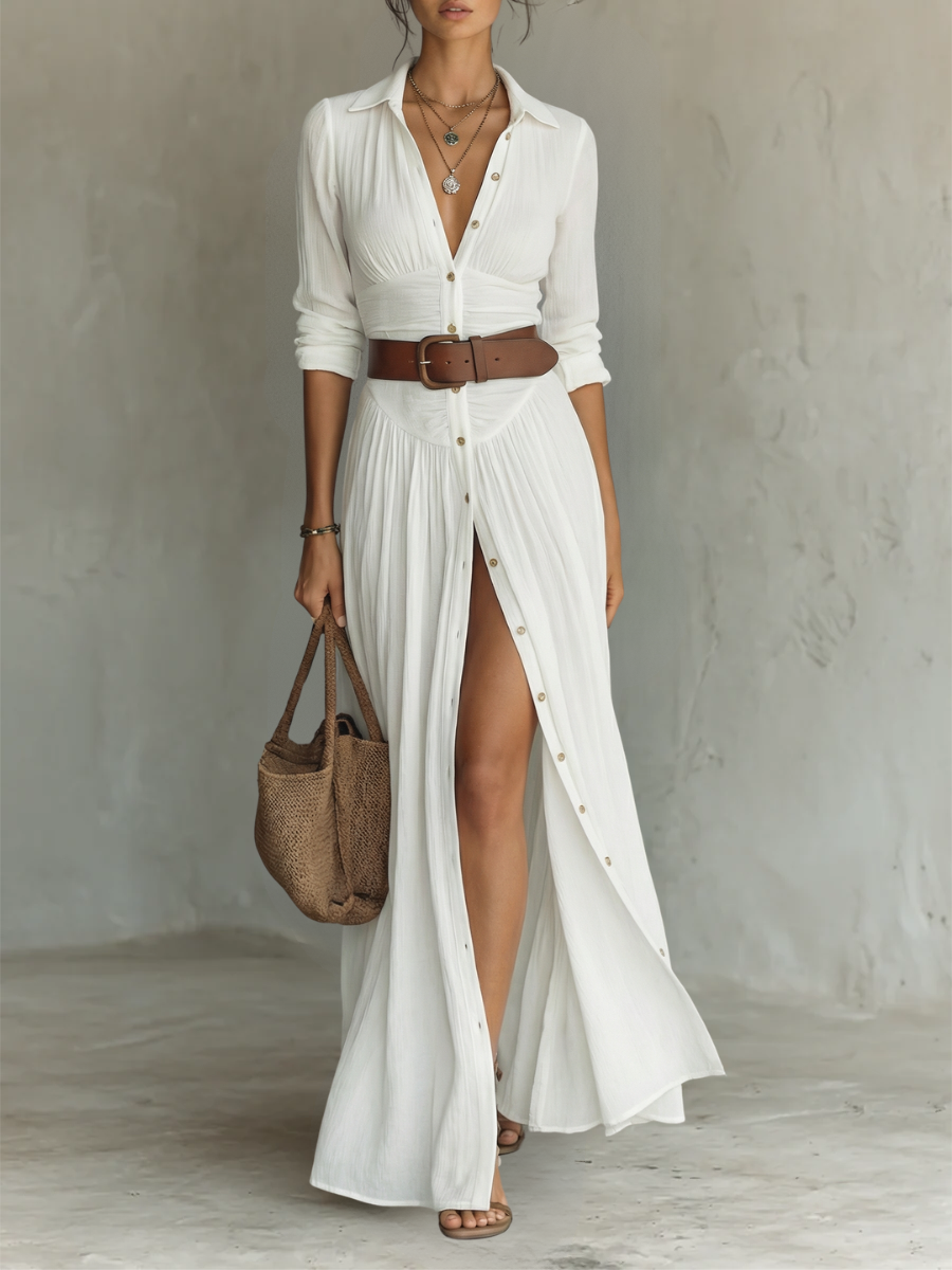 Pamela - Long Maxi Dress with Notched Collar and Long Sleeves for Women – White (Almost sold out) | The Bellemont Sisters Aus