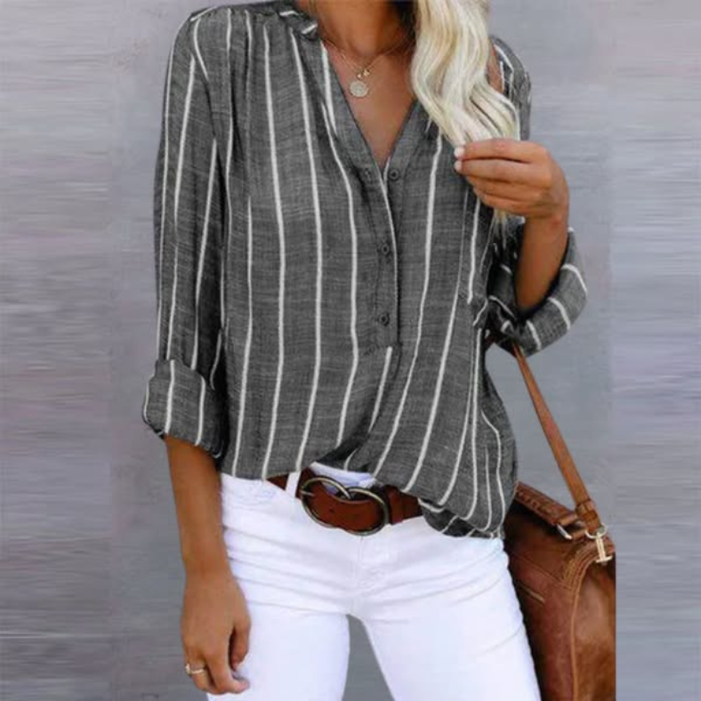 Bella | Women's Striped Long Sleeve Button Top – Charcoal Stripe Linen | The Bellemont Sisters Australia