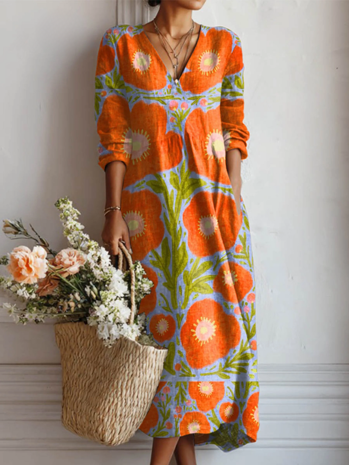 Women's Vintage Floral Pattern Art Print Cotton And Linen Pocket Dress – Multicolor | The Bellemont Sisters Australia