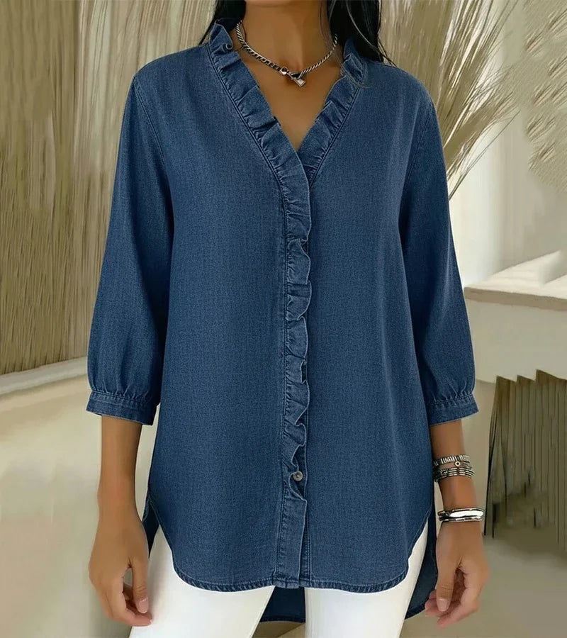 Abigail™ Elegant Denim Blouse – Dark Blue | The Bellemont Sisters Australia