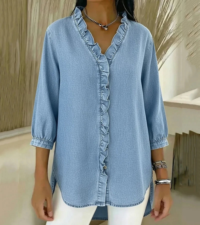 Abigail™ Elegant Denim Blouse – Light Blue | The Bellemont Sisters Australia