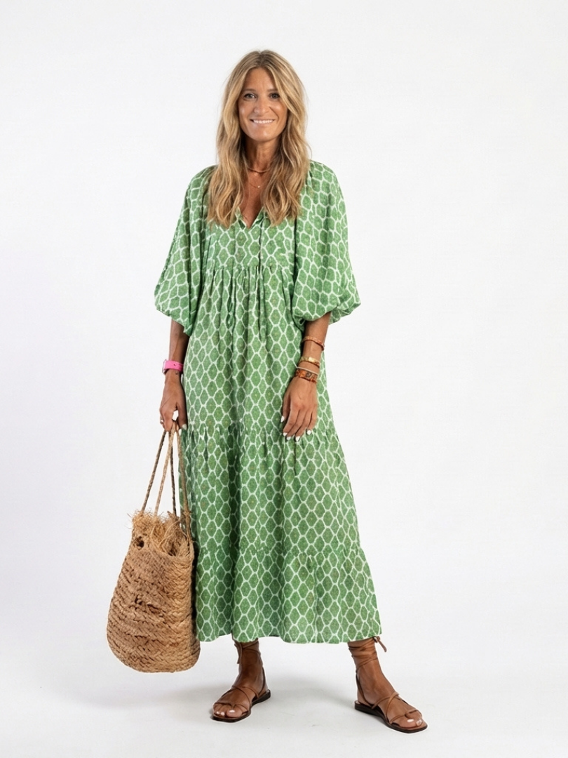 Apolline | Three Quarter Sleeve V Neck Patterned Midi Dress – Green | The Bellemont Sisters Australia