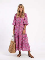 Apolline | Three Quarter Sleeve V Neck Patterned Midi Dress – Purple | The Bellemont Sisters Australia