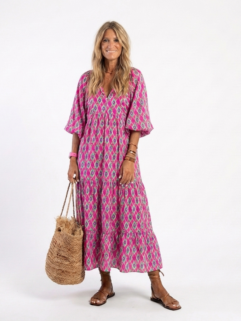 Apolline | Three Quarter Sleeve V Neck Patterned Midi Dress – Purple | The Bellemont Sisters Australia