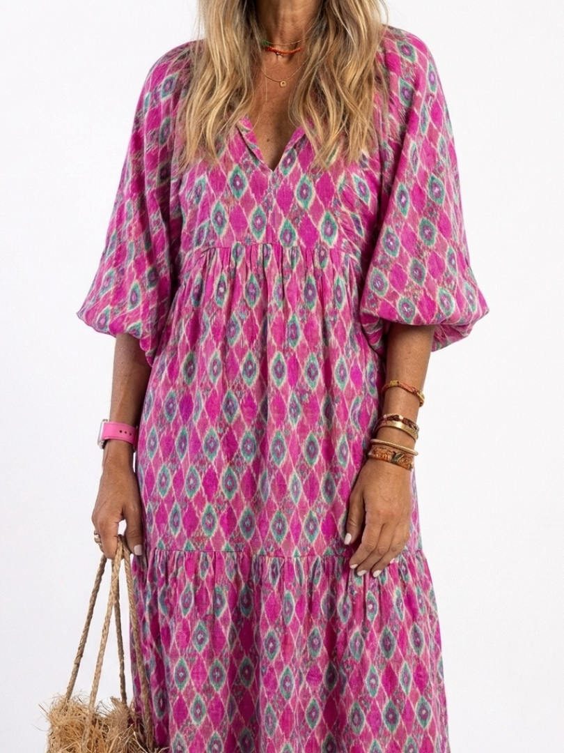Apolline | Three Quarter Sleeve V Neck Patterned Midi Dress | The Bellemont Sisters Australia