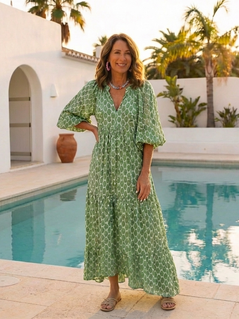 Apolline | Three Quarter Sleeve V Neck Patterned Midi Dress | The Bellemont Sisters Australia