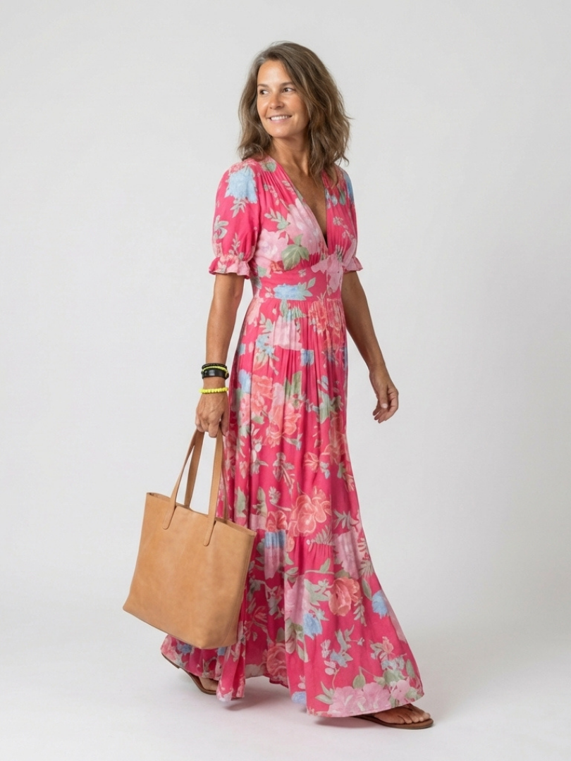 Ione | Short Sleeve V Neck Floral Midi Dress | The Bellemont Sisters Australia