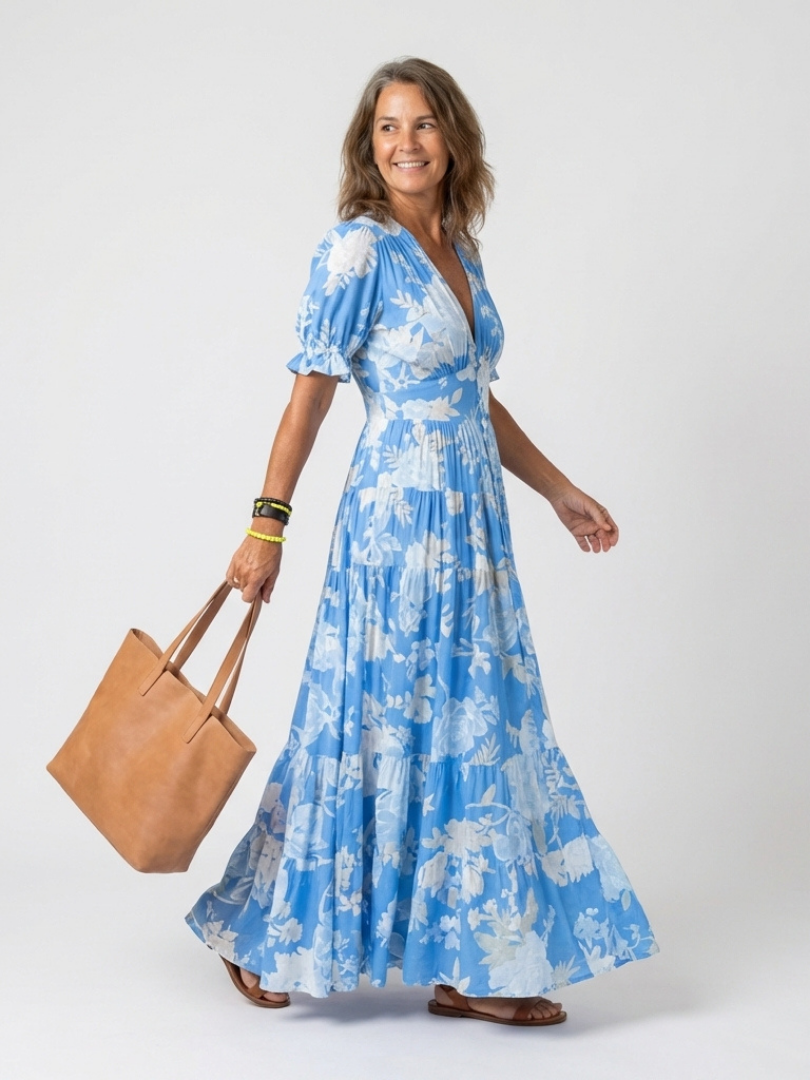 Ione | Short Sleeve V Neck Floral Midi Dress – Sky blue | The Bellemont Sisters Australia